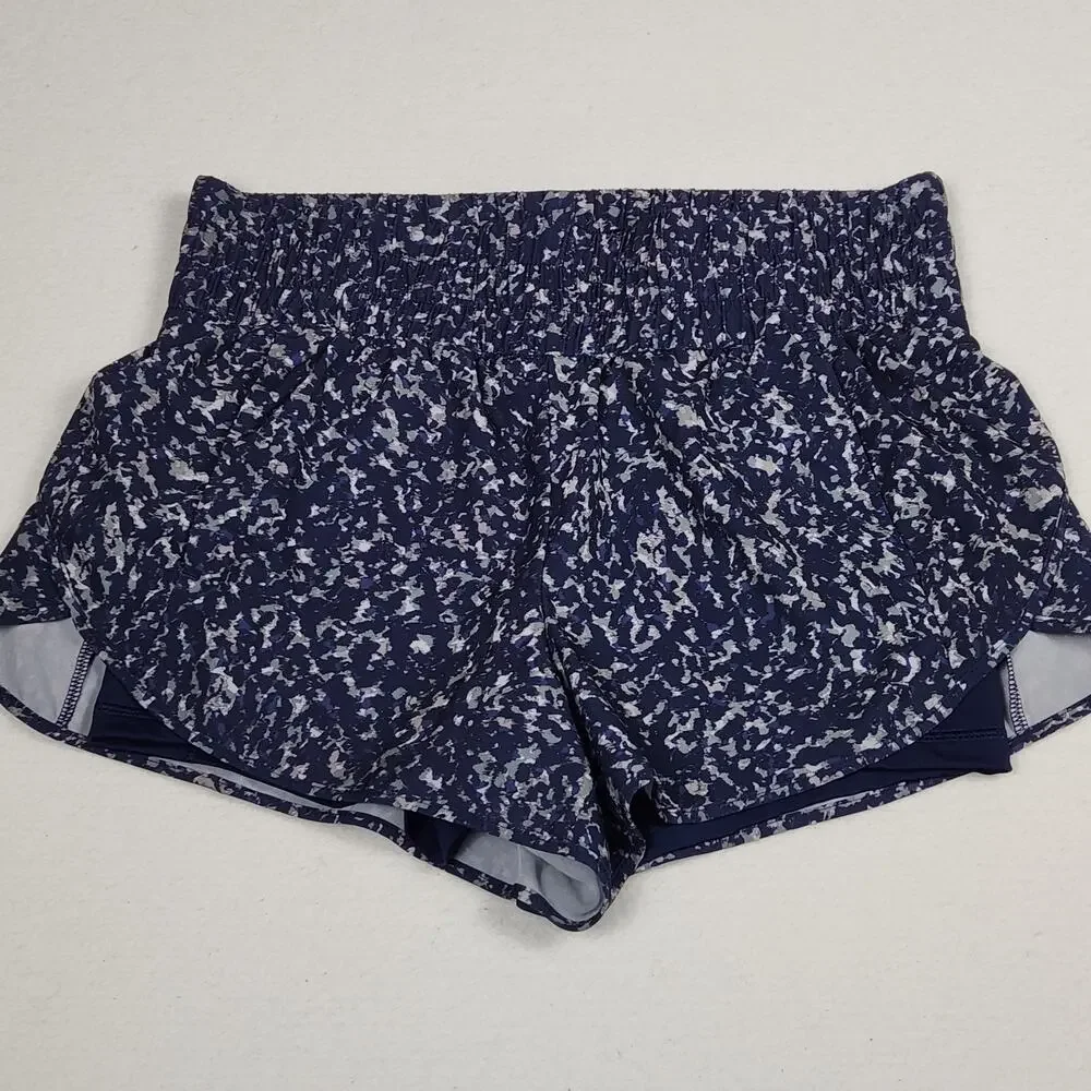 Avia Blue Abstract Print 2-in-1 Running Shorts M High Rise Smocked Waistband